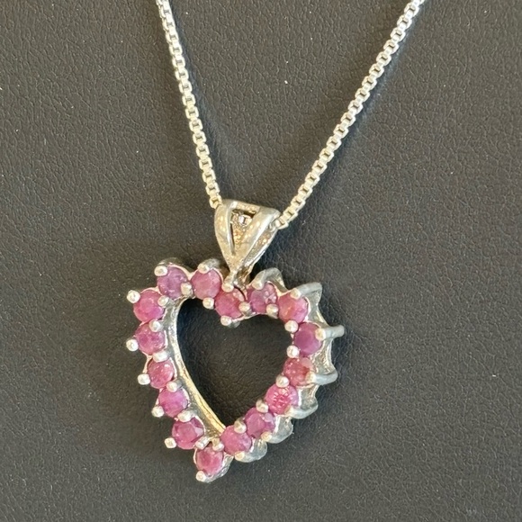Ruby Sterling Silver Heart Pendant With 925 17” Chain - Picture 2 of 7
